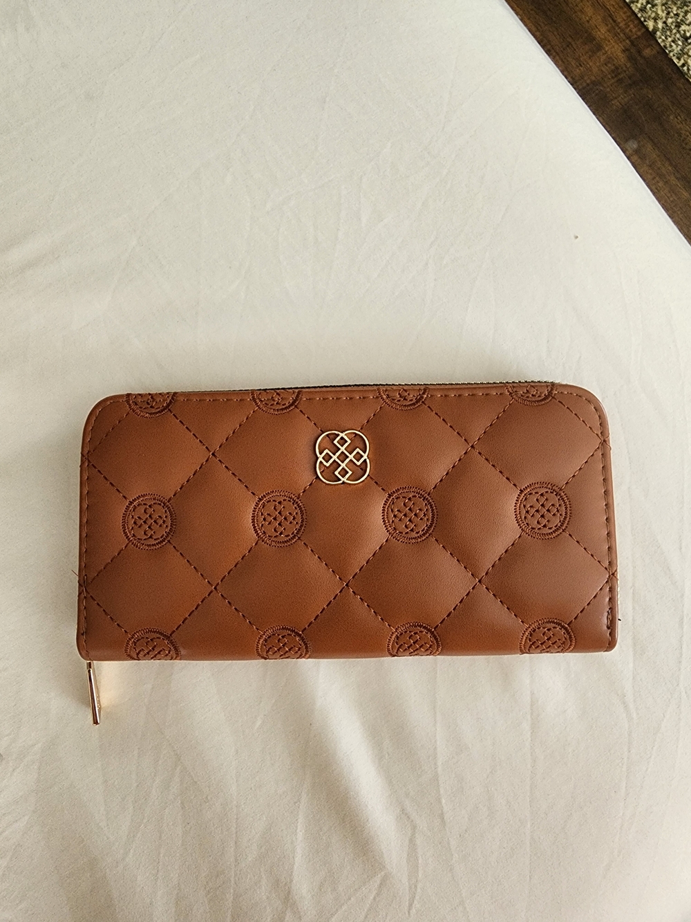 Quilted Brown Zip-Around Wallet with Gold Accent